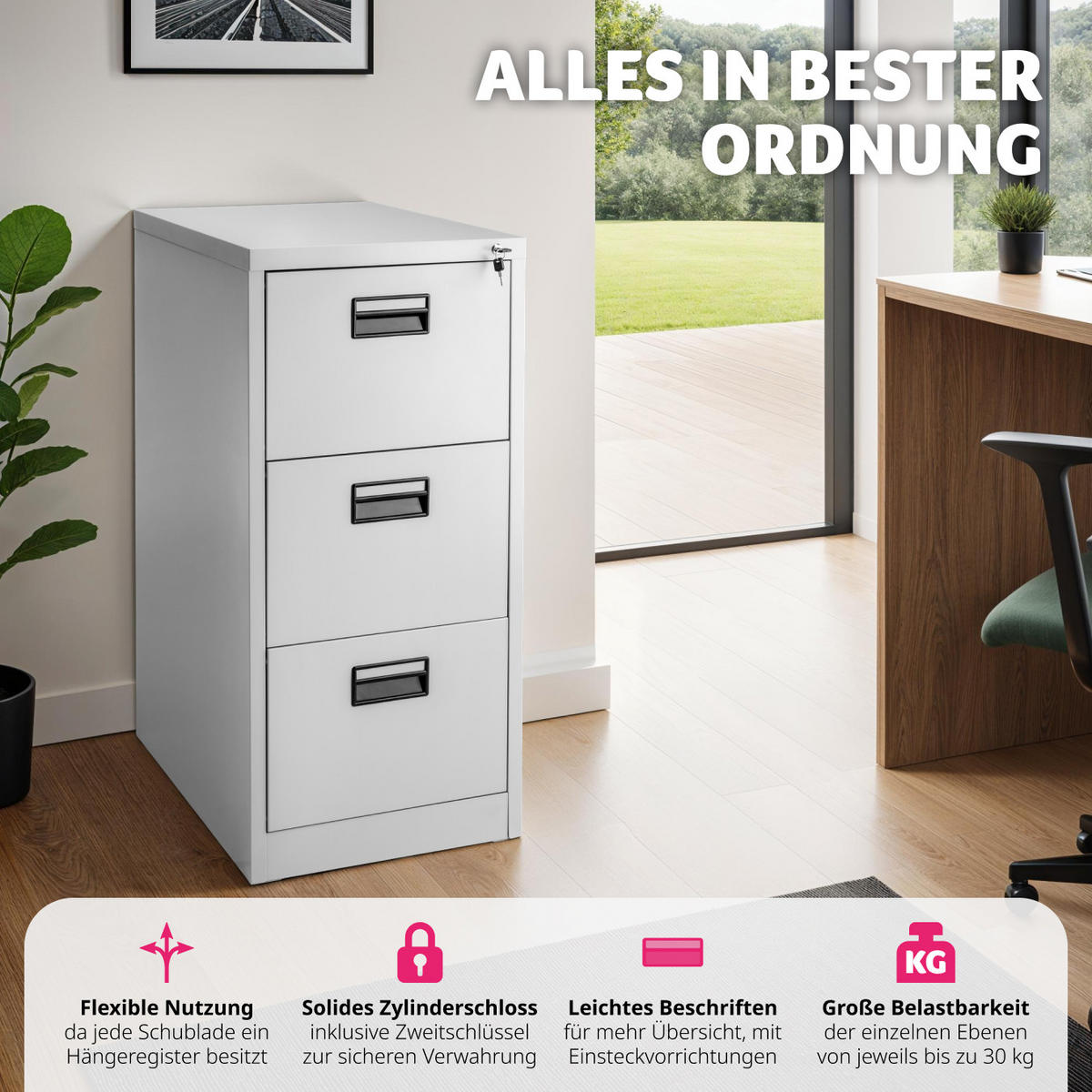 AKTENSCHRANK ,62,4 x 46 x 102,8 cm,grau - Grau, Metall (46/102.8/62.4cm) - tectake