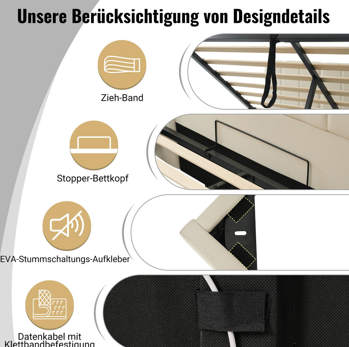 POLSTERBETT 160/200 cm Beige aus Leinen mit Stauraum und LED - Beige, Textil (160/200cm) - OKMYHOME