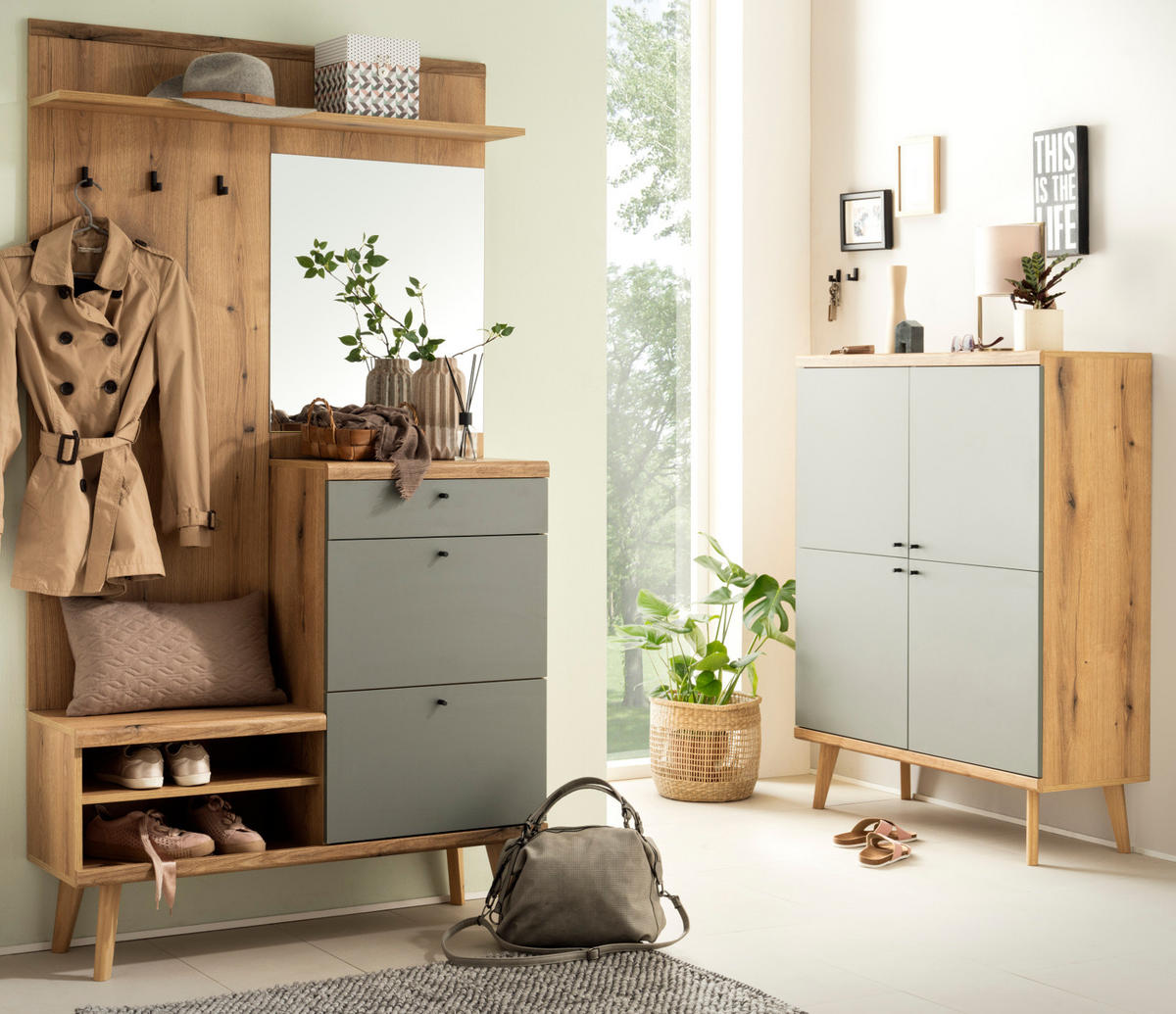 GARDEROBEN-SET 2-teilig Evoke Eiche, Salbei, Garderobenkombination skandinavisch 227 x 200 cm - Salbeigrün/Eichefarben, Glas/Holz (237/200/40cm) - Furn.Design