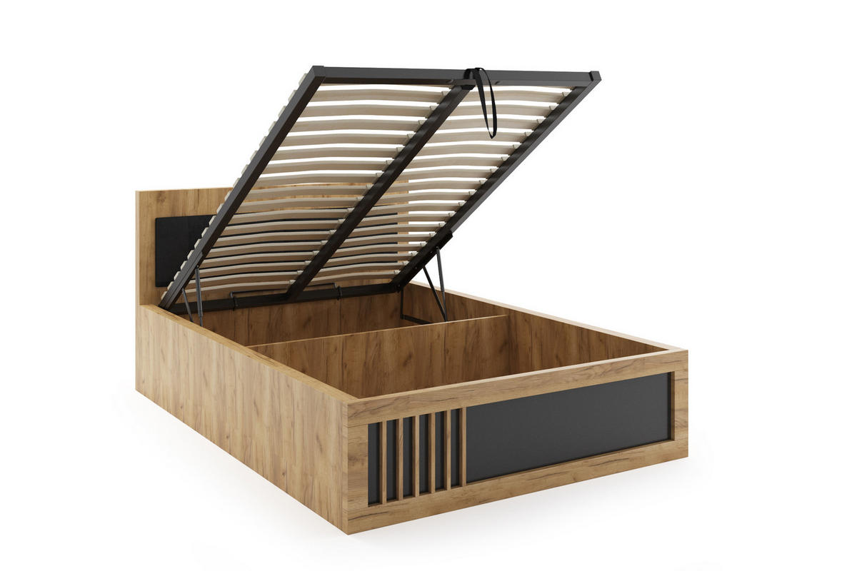BETT Sorento mit Bettkasten & Gasdruckfeder 131,5x92x207,5 cm – Modernes Doppelbett mit Stauraum & Polsterkopfteil für Schlafzimmer - Eichefarben, Holzwerkstoff (120/200cm) - BM-Möbel