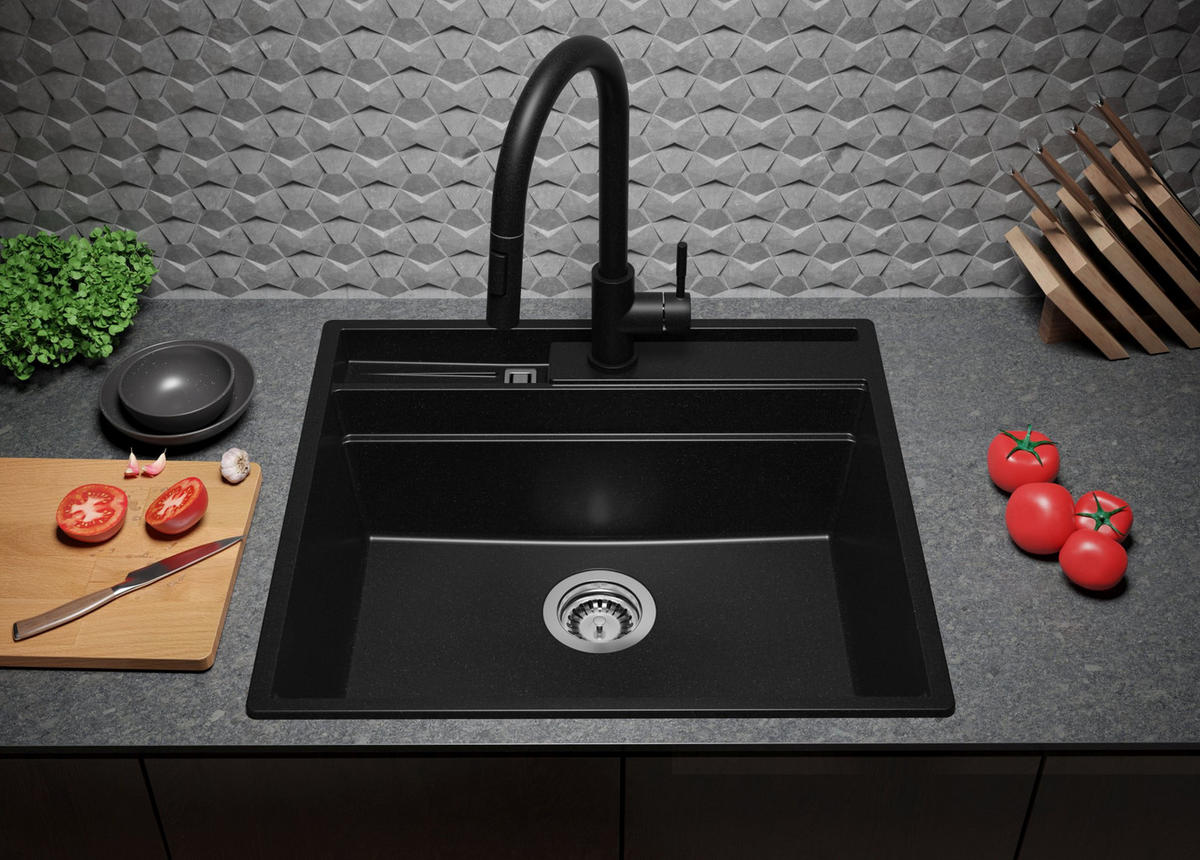 GRANITSPÜLE Oslo Pocket, 2-er set Alles Schwarz 58/53 cm 1 Becken + Küchenarmatur 40/20 cm + Ablauf-Set + Küchenzubehörset ab 60er Unterschrank - Schwarz, Kunststoff (58/20/53cm) - Primagran