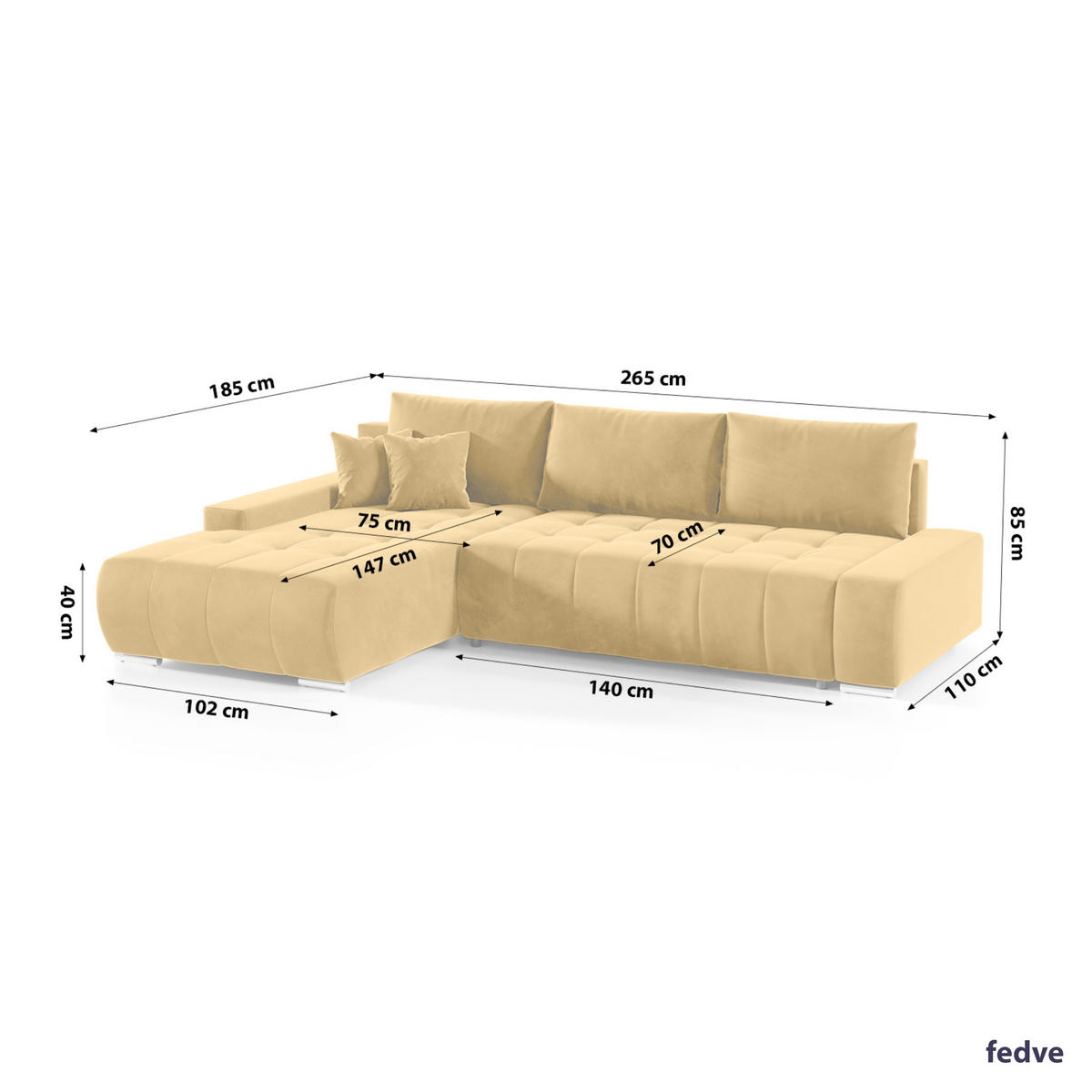 ECKSOFA mit Schlaffunktion Dhaka L, Honig - Honig, Textil (185/265cm) - Fedve