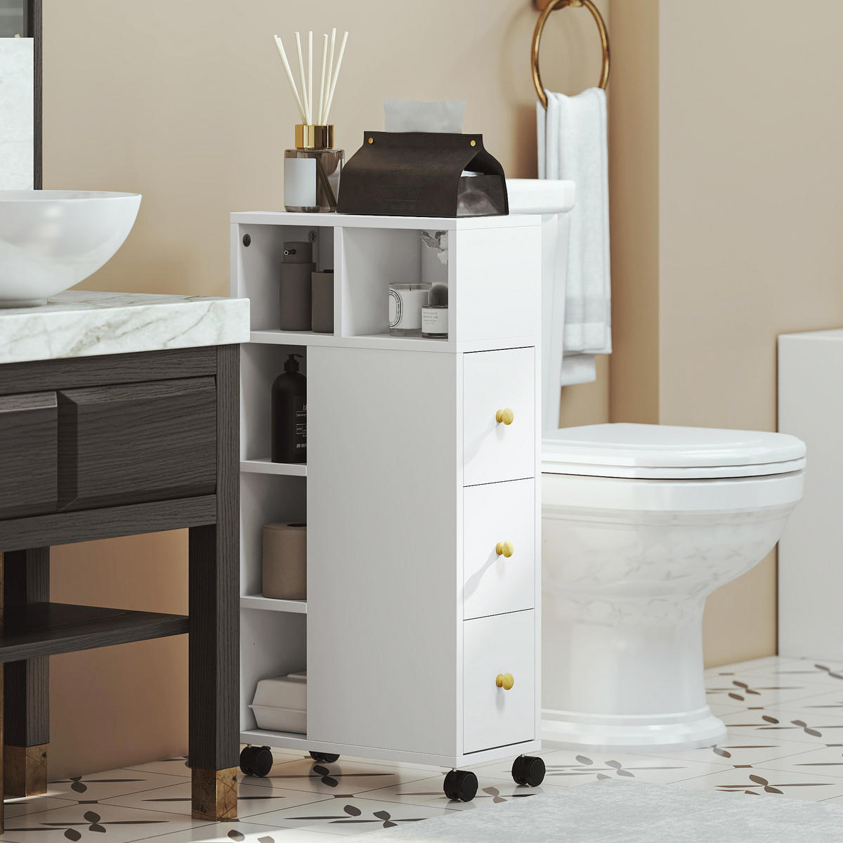 BADEZIMMERSCHRANK Schmal mit 4 Rollen, 3 Schubladen, 5 offenen Fächern, Weiß - Weiß, Holzwerkstoff (20/80/40cm) - HOMCOM