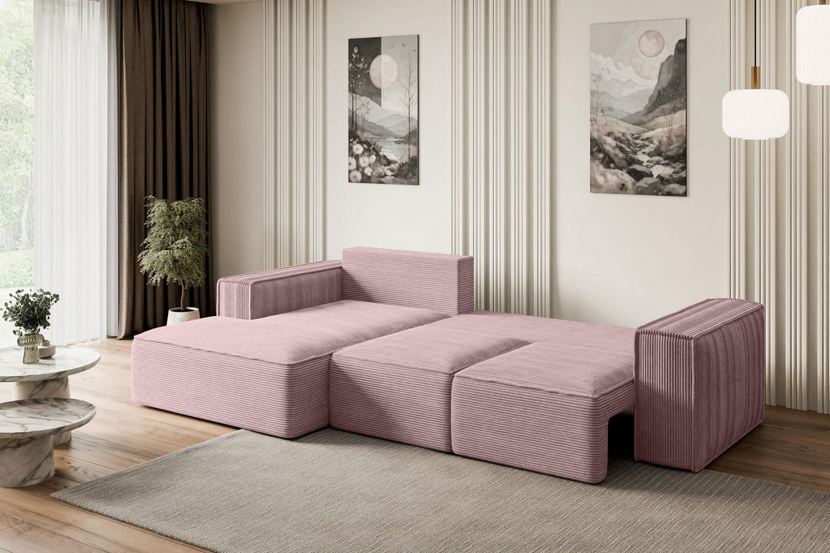 ECKSOFA mit Schlaffunktion und Bettkasten SERRA-L-S - 266x161x87 cm Rosa Cord - Schwarz/Rosa, Holzwerkstoff/Kunststoff (266/161cm) - ALTDECOR