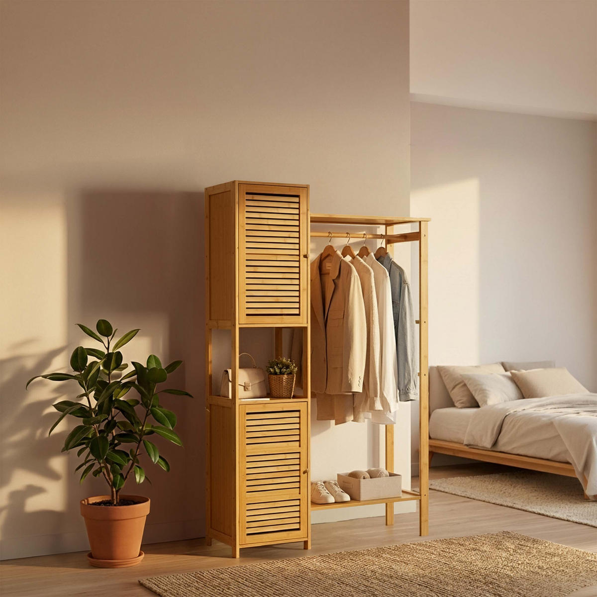 KLEIDERSTÄNDER Natur Bambus mit 2 Schrankelementen - Hellbraun, Holz (99/164/29cm) - Relaxdays