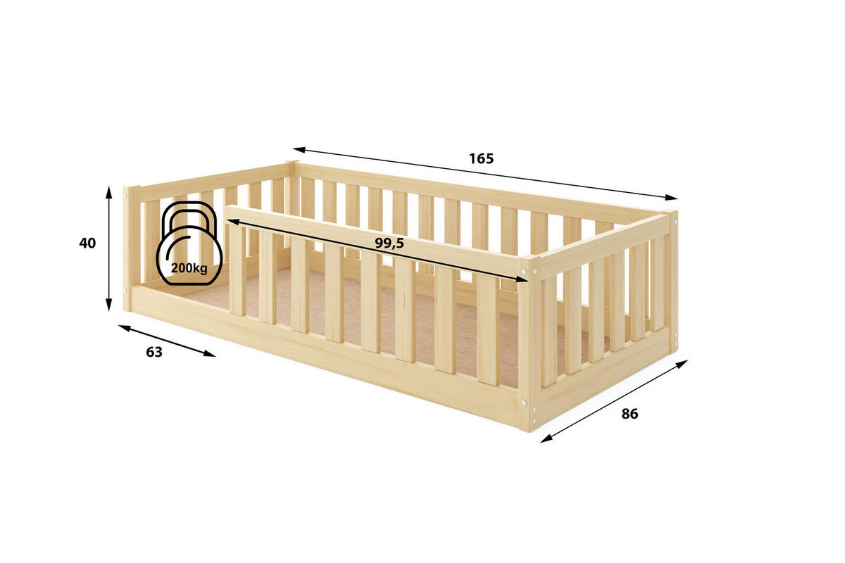 BODENBETT Bella 160x80 mit Rausfallschutz & Lattenrost Kinderbett aus Holz - Naturfarben, Holz (80/160cm) - Interbeds