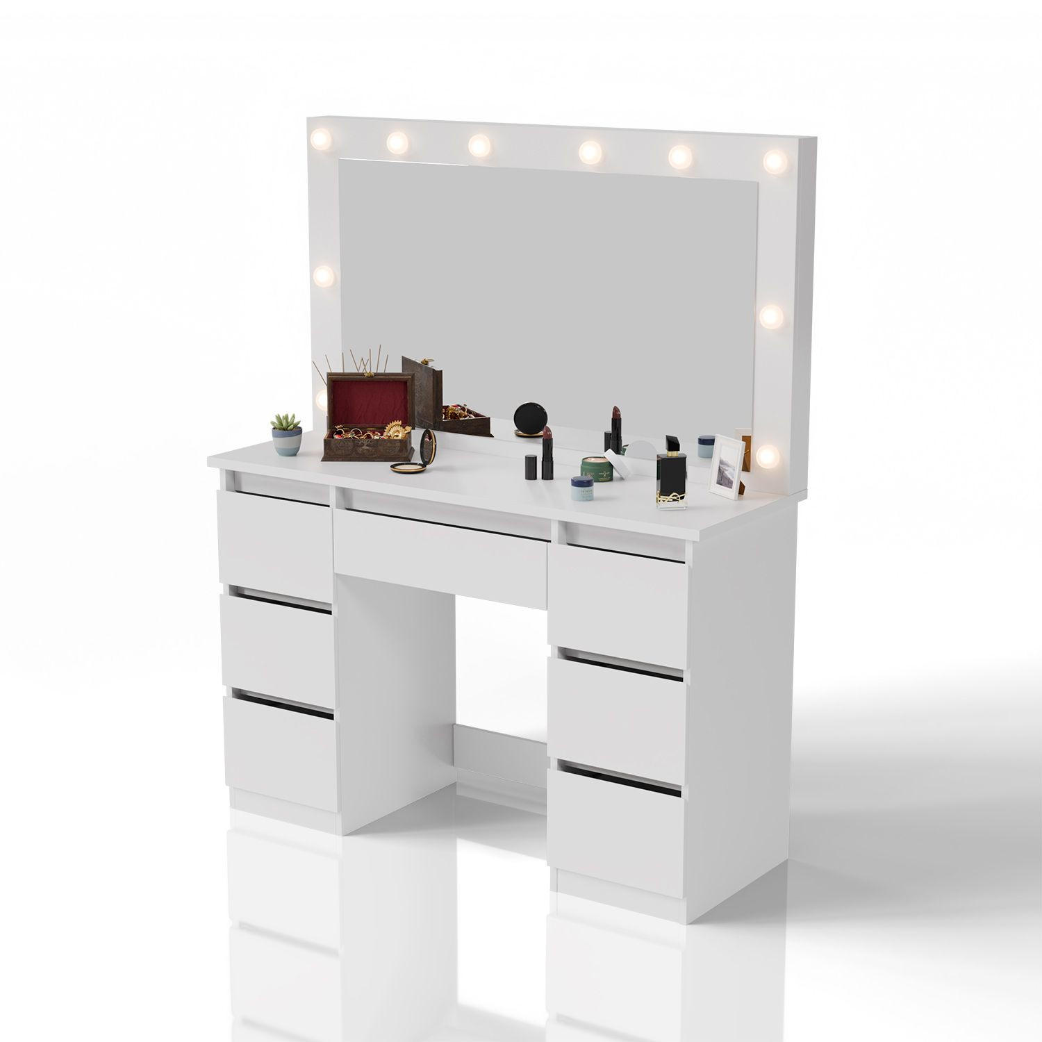 SCHMINKTISCH Lilia weiß mit LED-Beleuchtung - Weiß, Holz (108/140/41cm) - Juskys