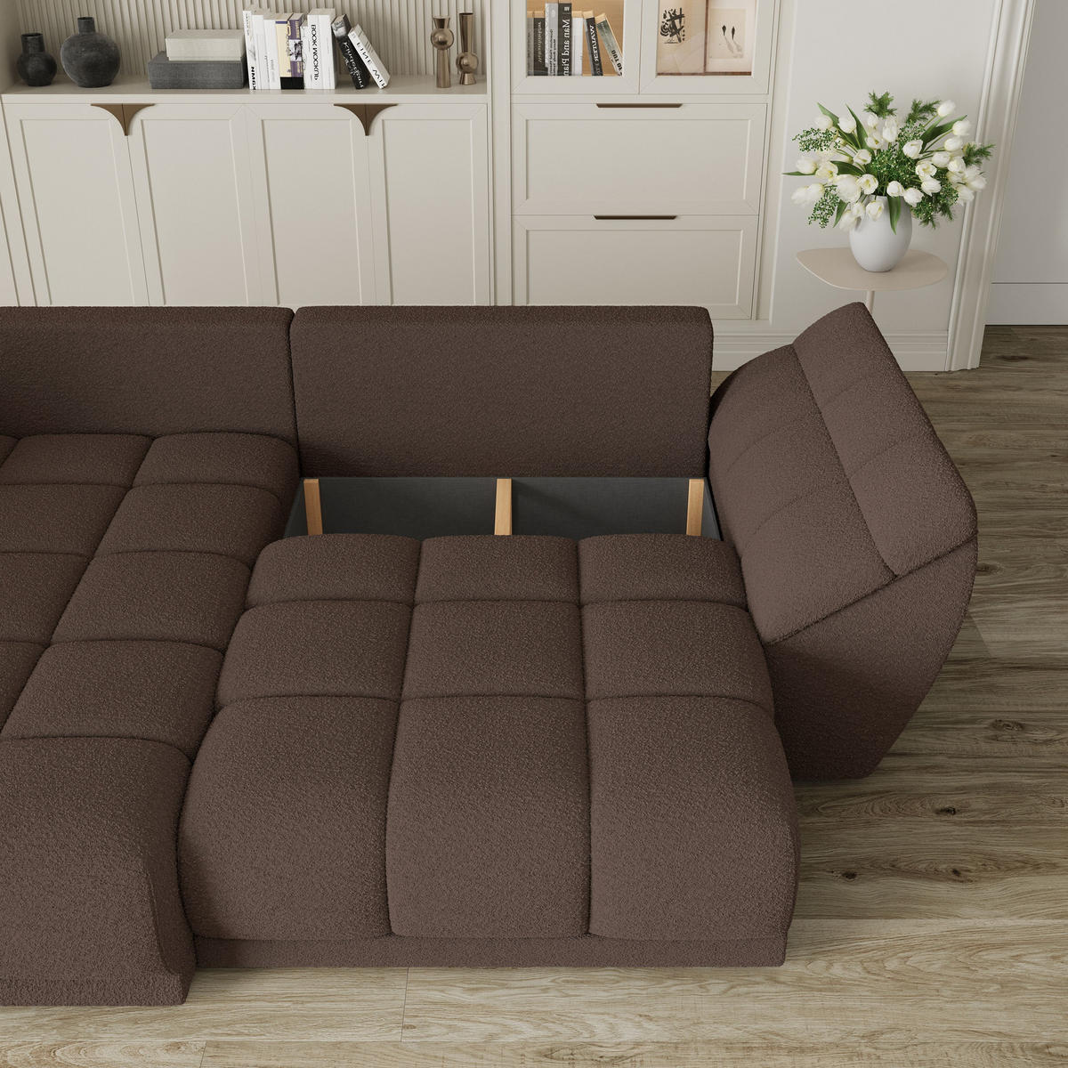 ECKSOFA ORENTI L-S Braun Boucle-Stoff mit Schlaffunktion - Braun, Holz (287/182cm) - MASSENO