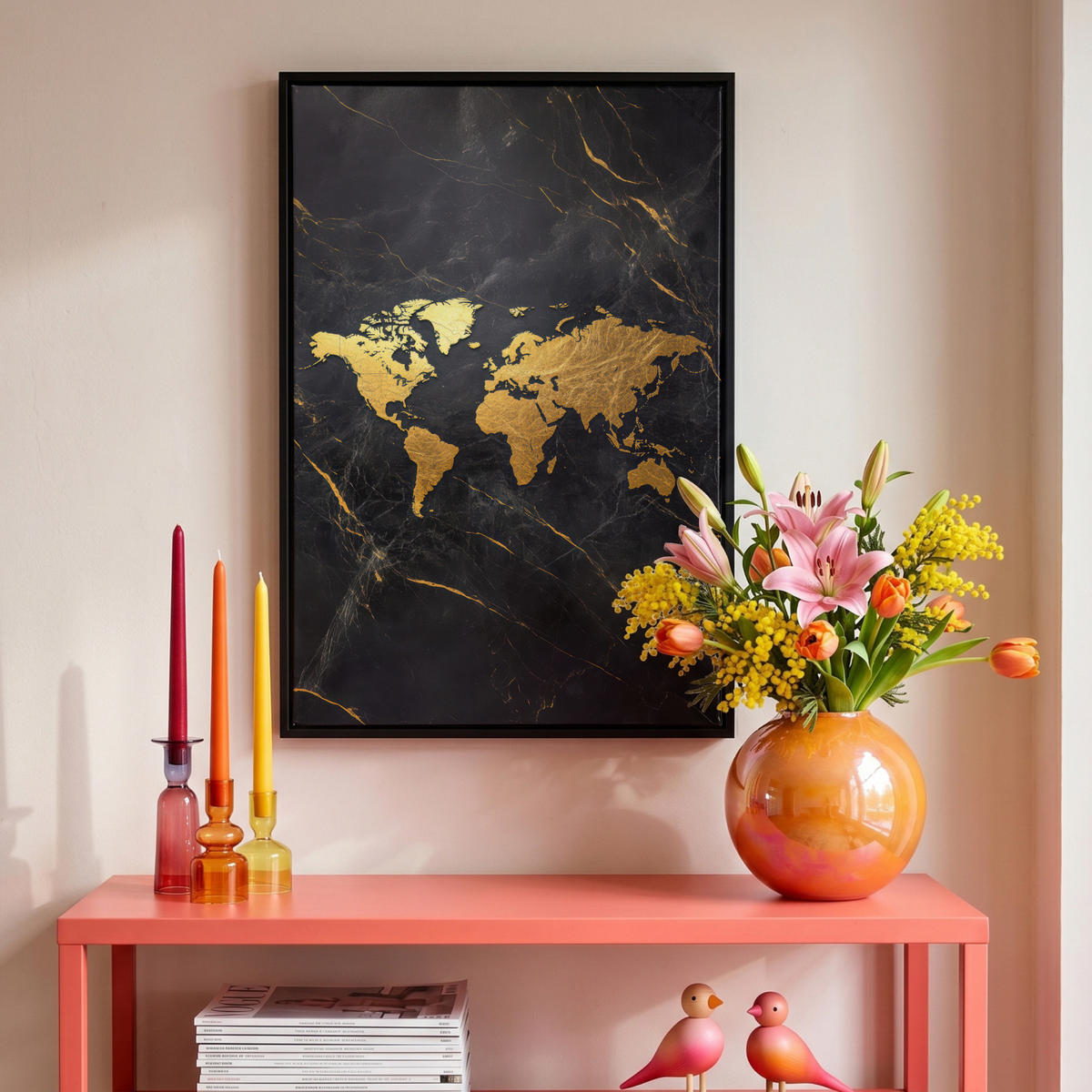 LEINWAND Bilder mit Rahmen - Weltkarte - Gold - Marmor - 40x60 - Goldfarben, Textil (40/60cm) - MuchoWow