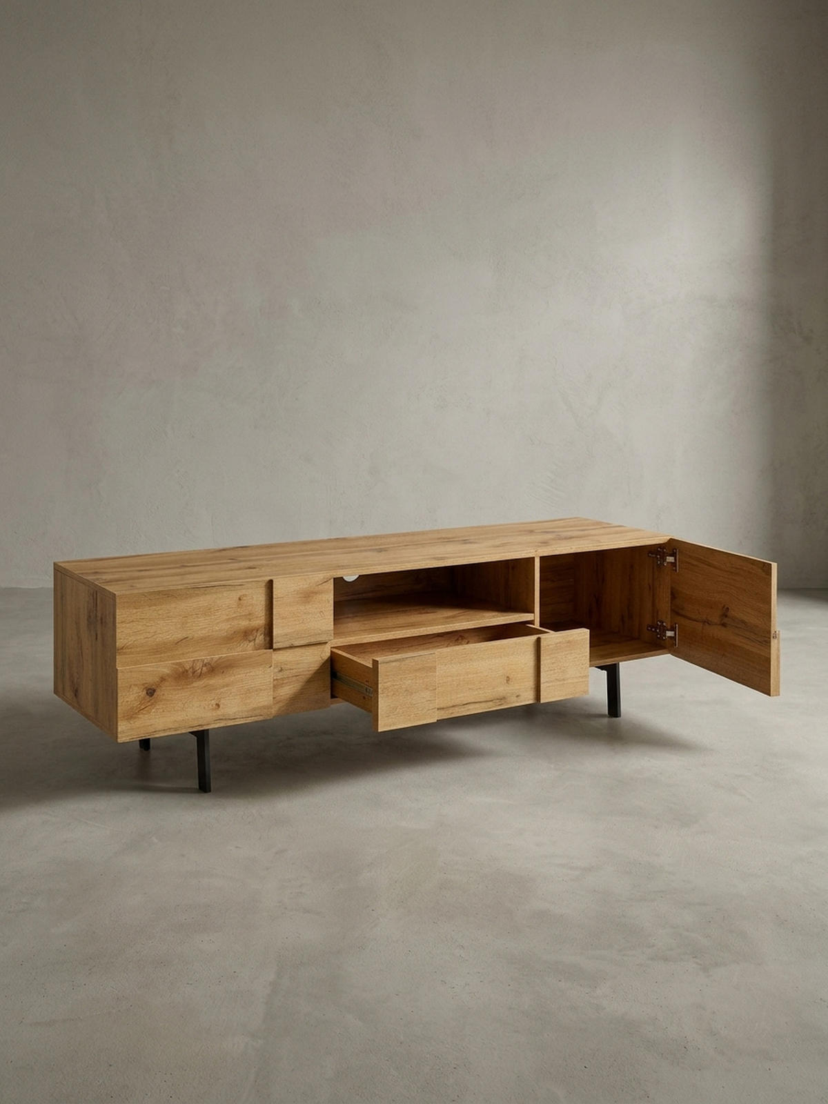 LOWBOARD Eiche-Dekor Modern Stil mit Kachelmuster für Konsolen und DVDs - Schwarz/Braun, Holz/Metall (160/46/43cm) - KADIMA DESIGN