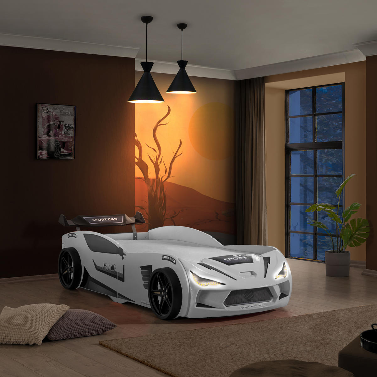 AUTOBETT 90x200 Rio Kinderbett mit LED Leuchte und Lattenrost - Weiß, Holzwerkstoff (90/200cm) - Aileenstore
