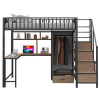 HOCHBETT 140/200 cm mit Schreibtisch, Kleiderschrank, Regalen, LED und Steckdosen, Schwarz - Schwarz, Metall (140/200cm) - Redom