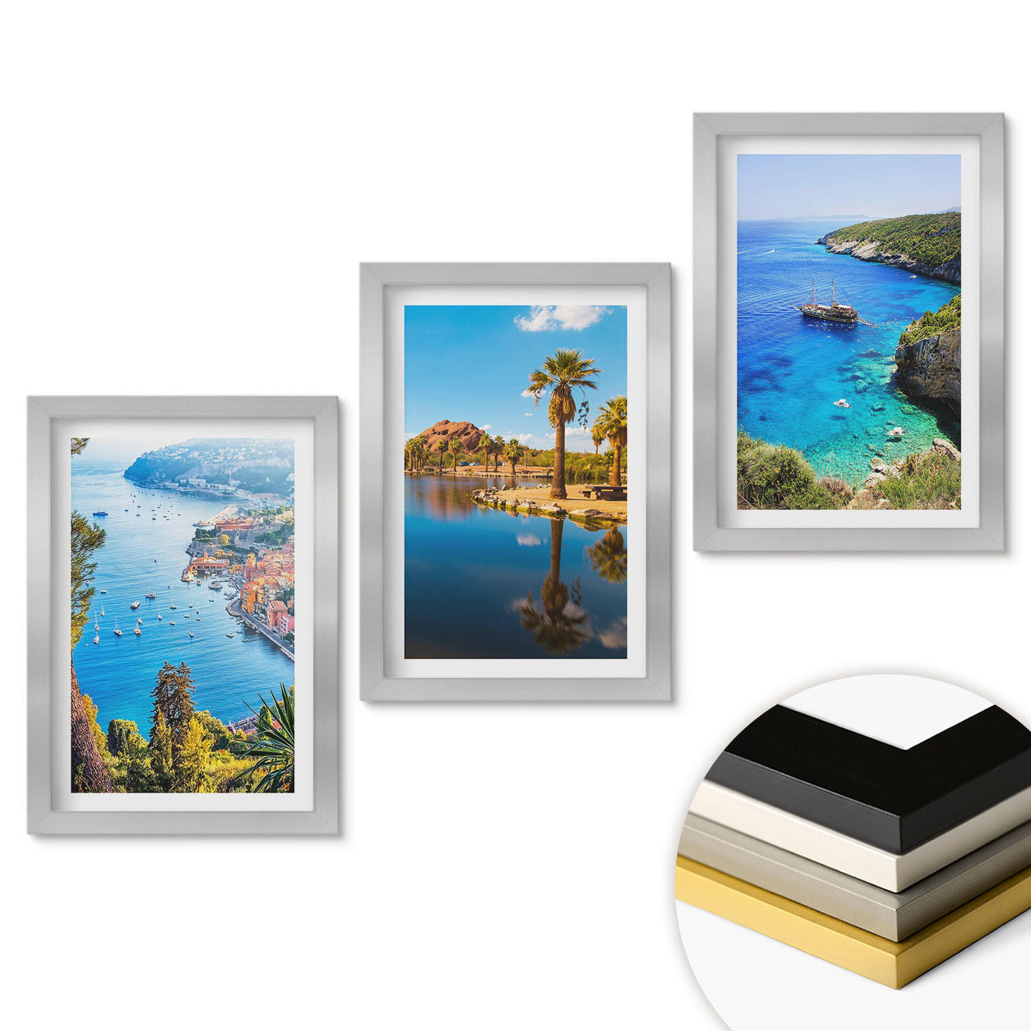 WANDBILDER 3er Set - 20x30 cm Silberner Rahmen - Palmen am Meer, blaues Wasser - Silberfarben, Kunststoff (20/30cm) - ArtPrintCave
