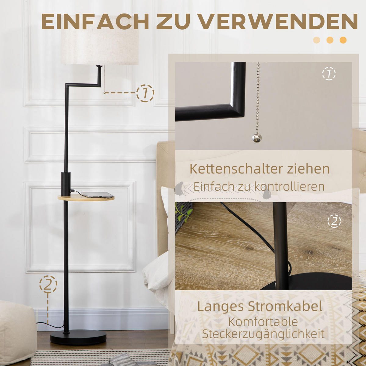 STEHLEUCHTE, Stehlampe mit Ablage, 40 W Standlampe mit USB-Anschluss, Creme - Weiß, Metall (40/40/170cm) - HOMCOM