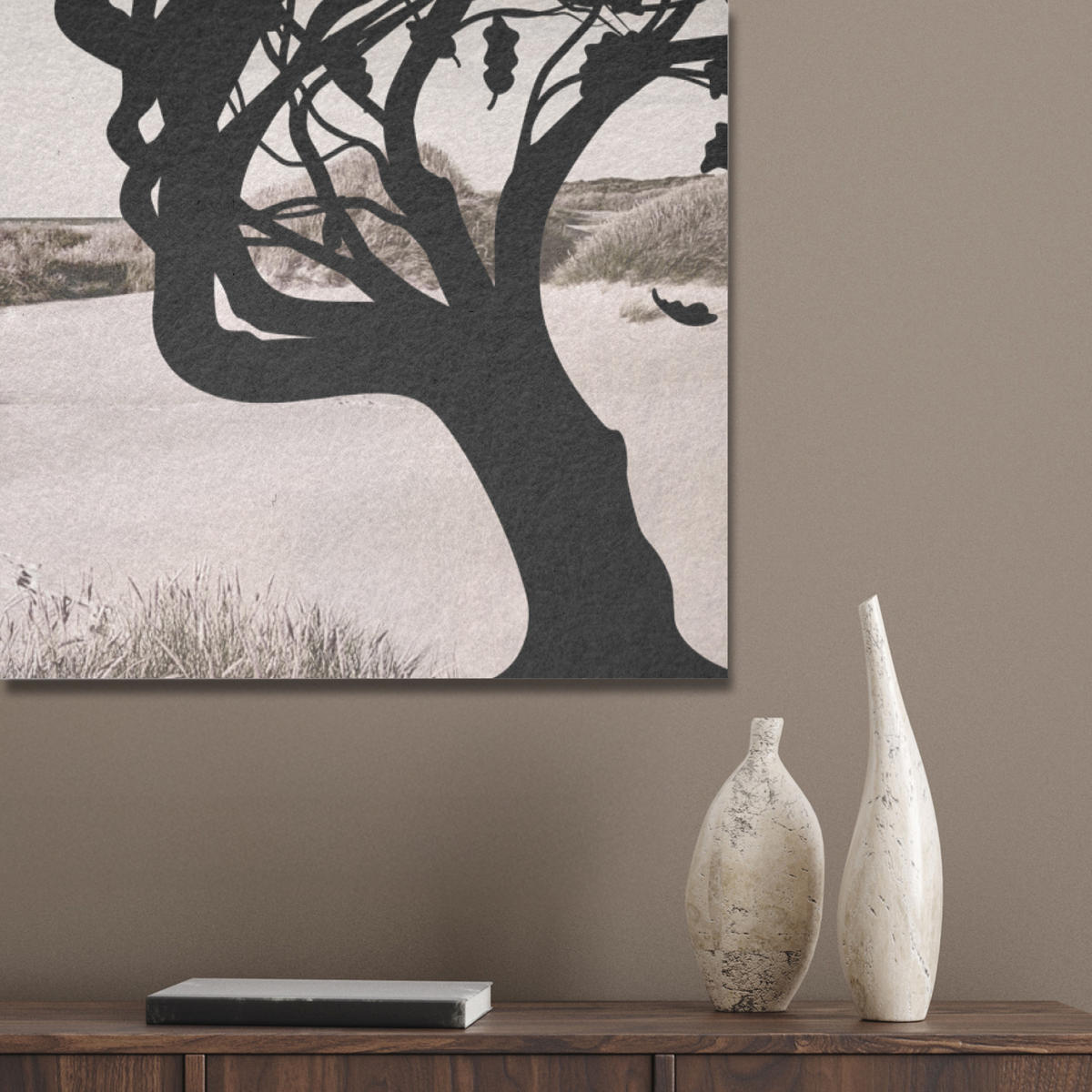 AKUSTIKPANEEL Strand - Meer - Menschen - Baum - Moderne Kunst 70x100 cm - Hellgrau, Textil (70/0.9/100cm) - MuchoWow