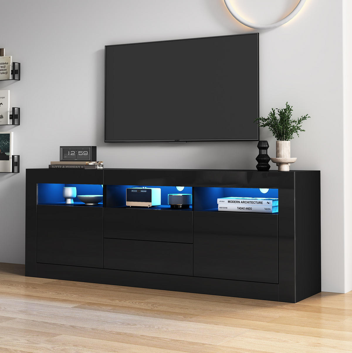 TV ormarić 160/35/60 cm crni od iverala s LED rasvjetom i push-to-open ladicama - crna, drvni materijal (160/60/35cm) - OKWISH