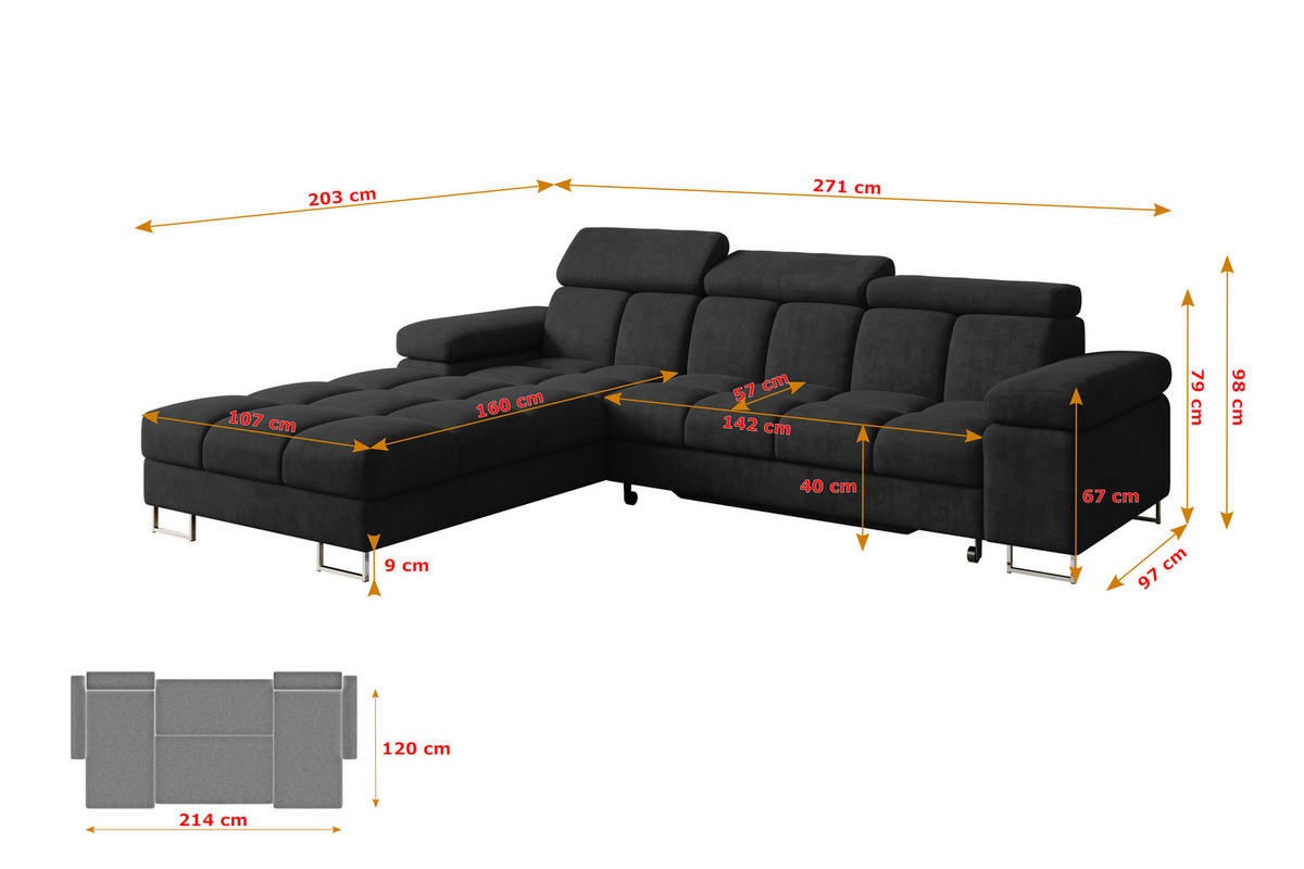 ECKSOFA mit Schlaffunktion Ottomane Links COMA L 271x203x79 Schwarz Velours - Schwarz, Holzwerkstoff/Textil (271/203cm) - ALTDECOR