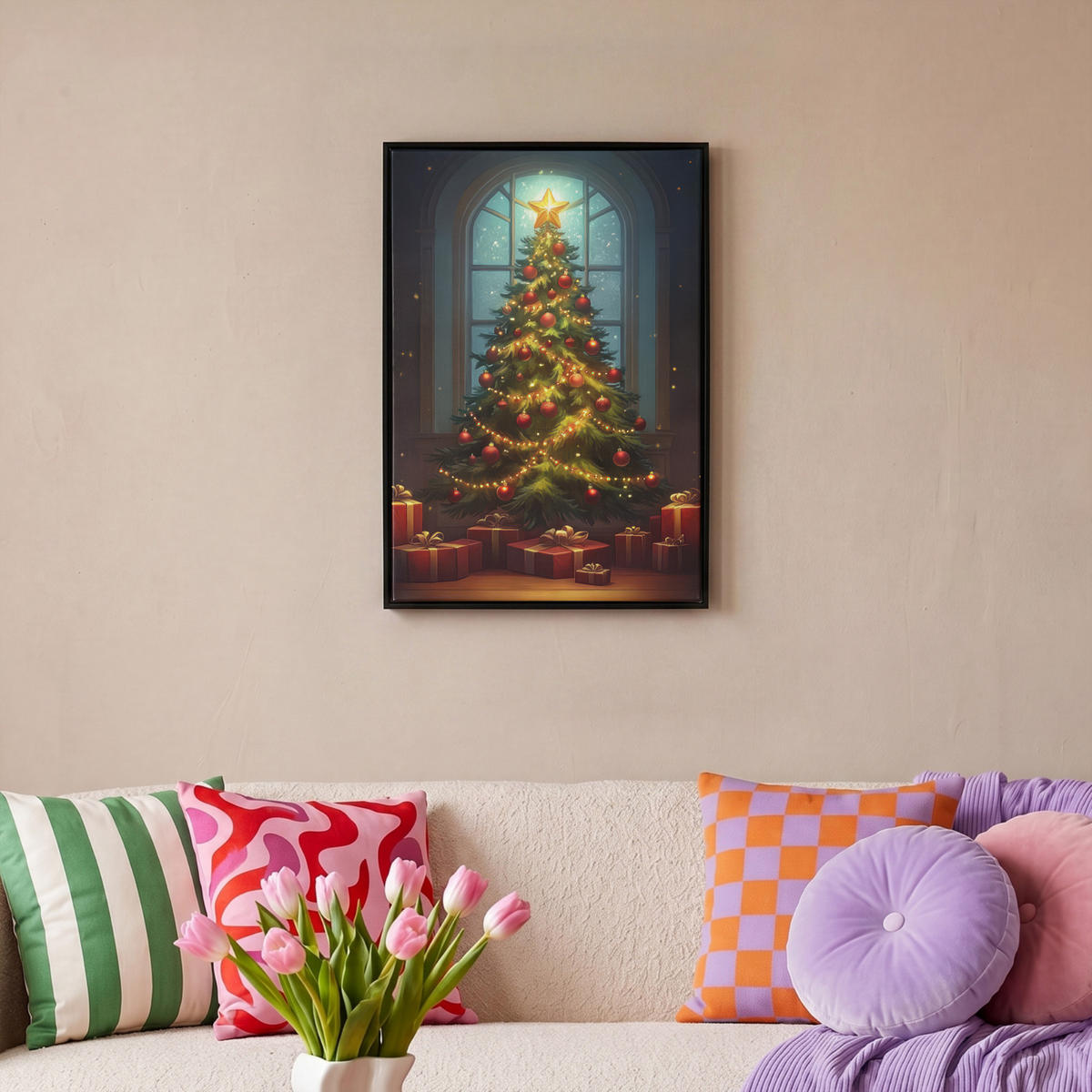 LEINWAND Bilder mit Rahmen - Weihnachtsbaum - Geschenk - Winter - 40x60 - Grün, Textil (40/60cm) - MuchoWow