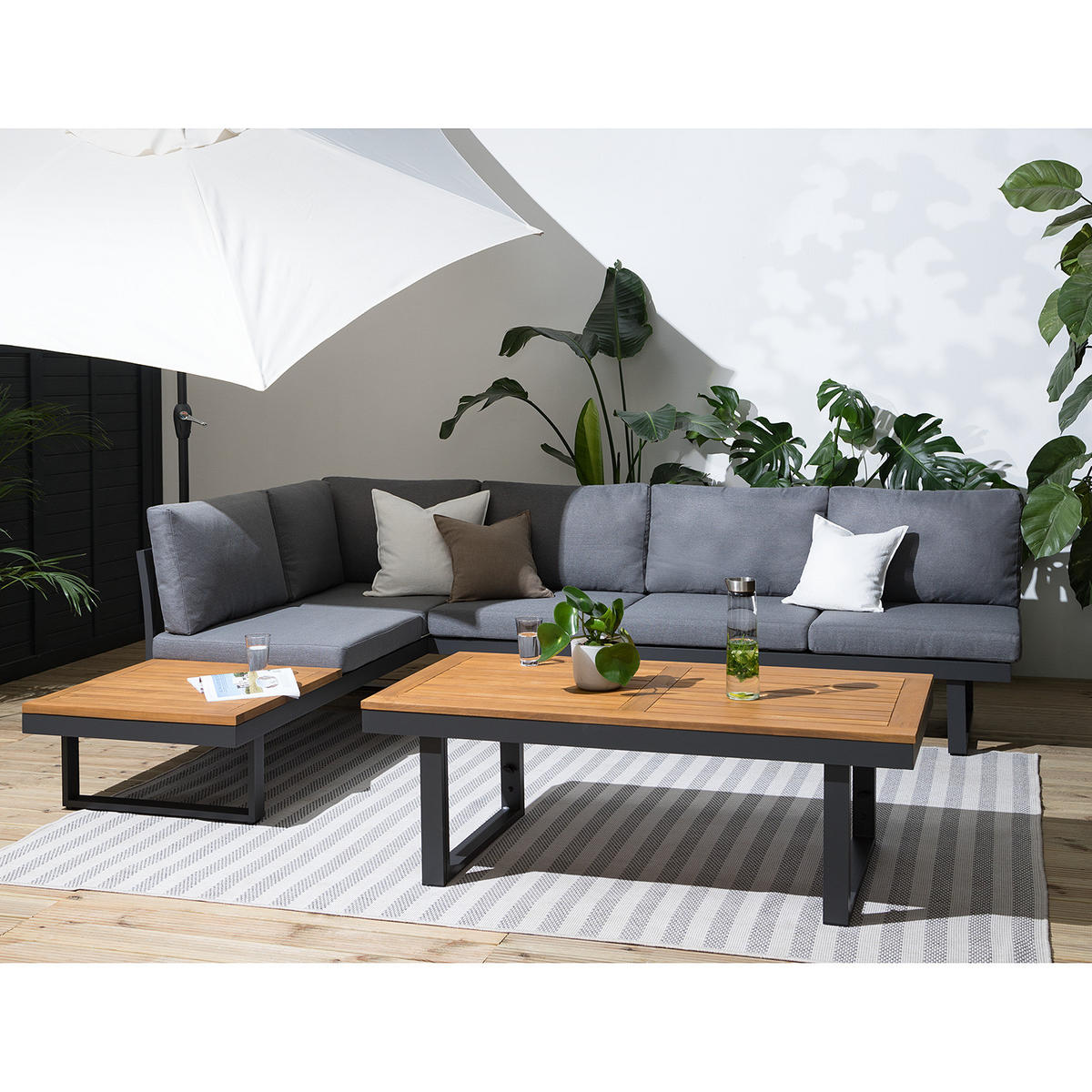 LOUNGESET - Webstoff / Akazie / Aluminium - 3-teilig - Höhenverstellbar - Braun/Grau, Holz/Textil - home24