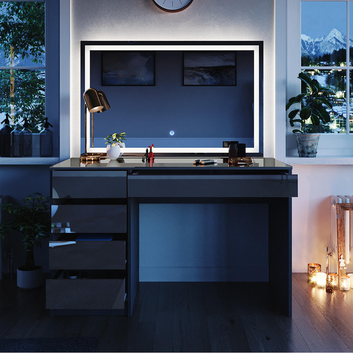 SCHMINKTISCH Sherry Anthrazit 120 cm mit LED-Spiegel - Anthrazit, Holzwerkstoff (120/75/55cm) - Vicco