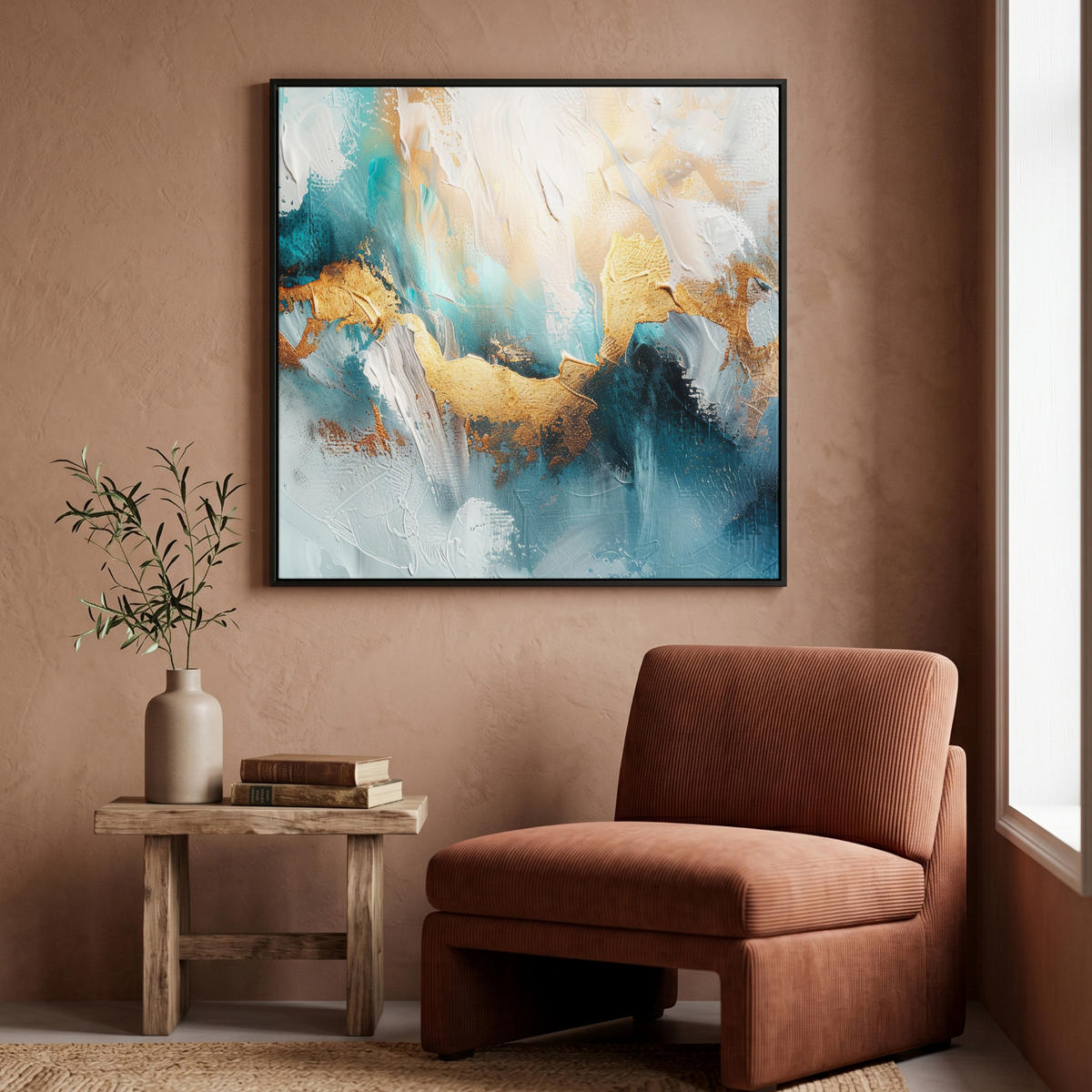 LEINWAND Bilder mit Rahmen - Abstrakt - Kunst - Gold - Blau - 90x90 - Petrol, Textil (90/90cm) - MuchoWow