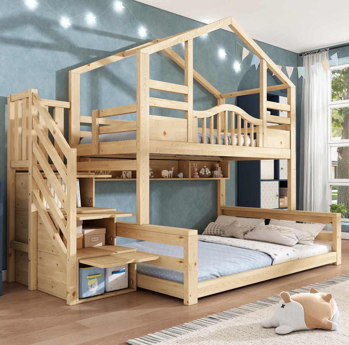 ETAGENBETT aus Holz 90x200/140x200 cm Beige + Hellnatur mit Treppenschrank - Beige, Holz (140/200cm) - IVMEU