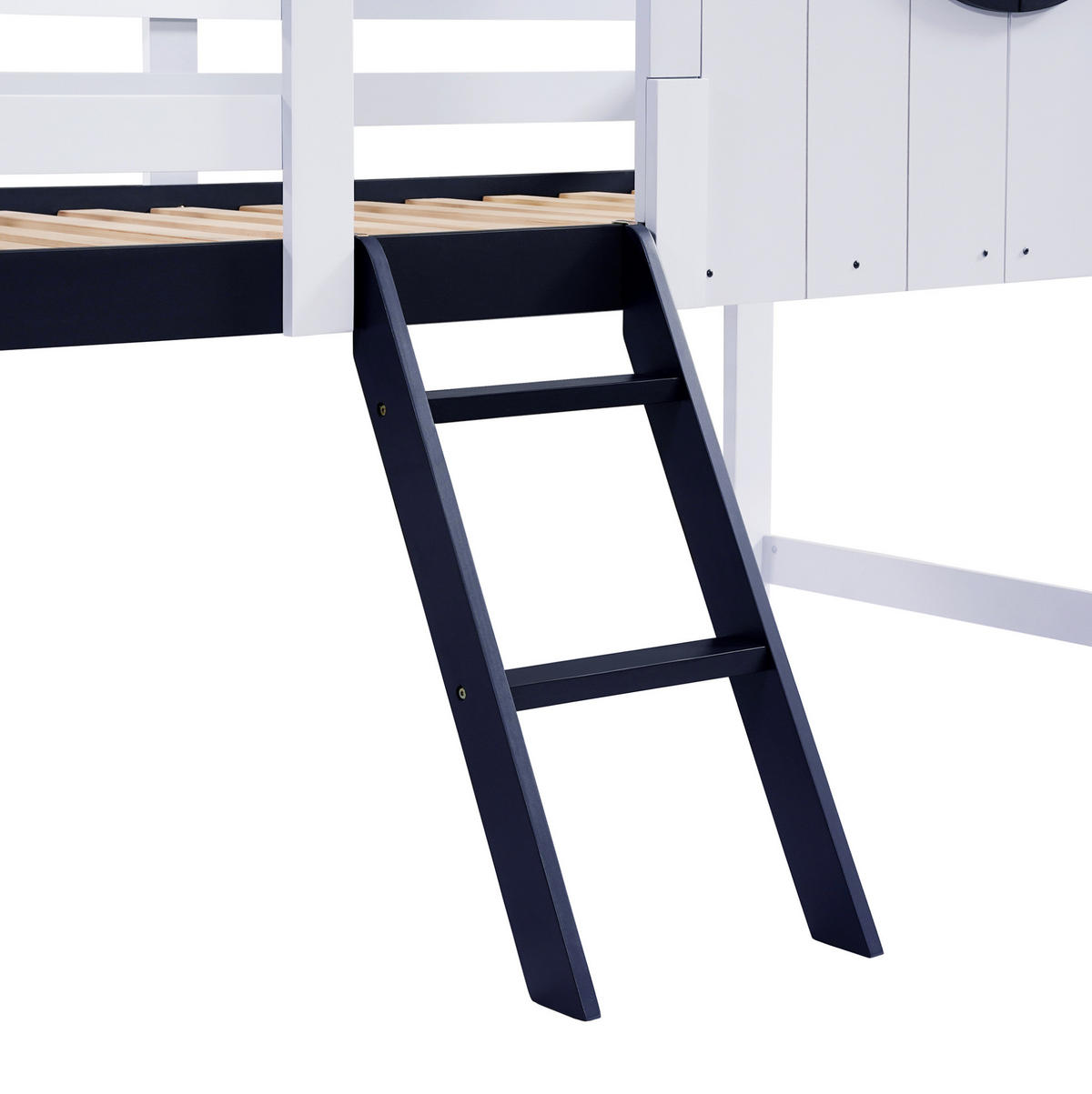 KINDEREINZELBETTEN aus Massivholz und MDF 90x200 cm in Weiß/Dunkelblau mit Dach & Fenster - Weiß, Holzwerkstoff (90/200cm) - Modfu