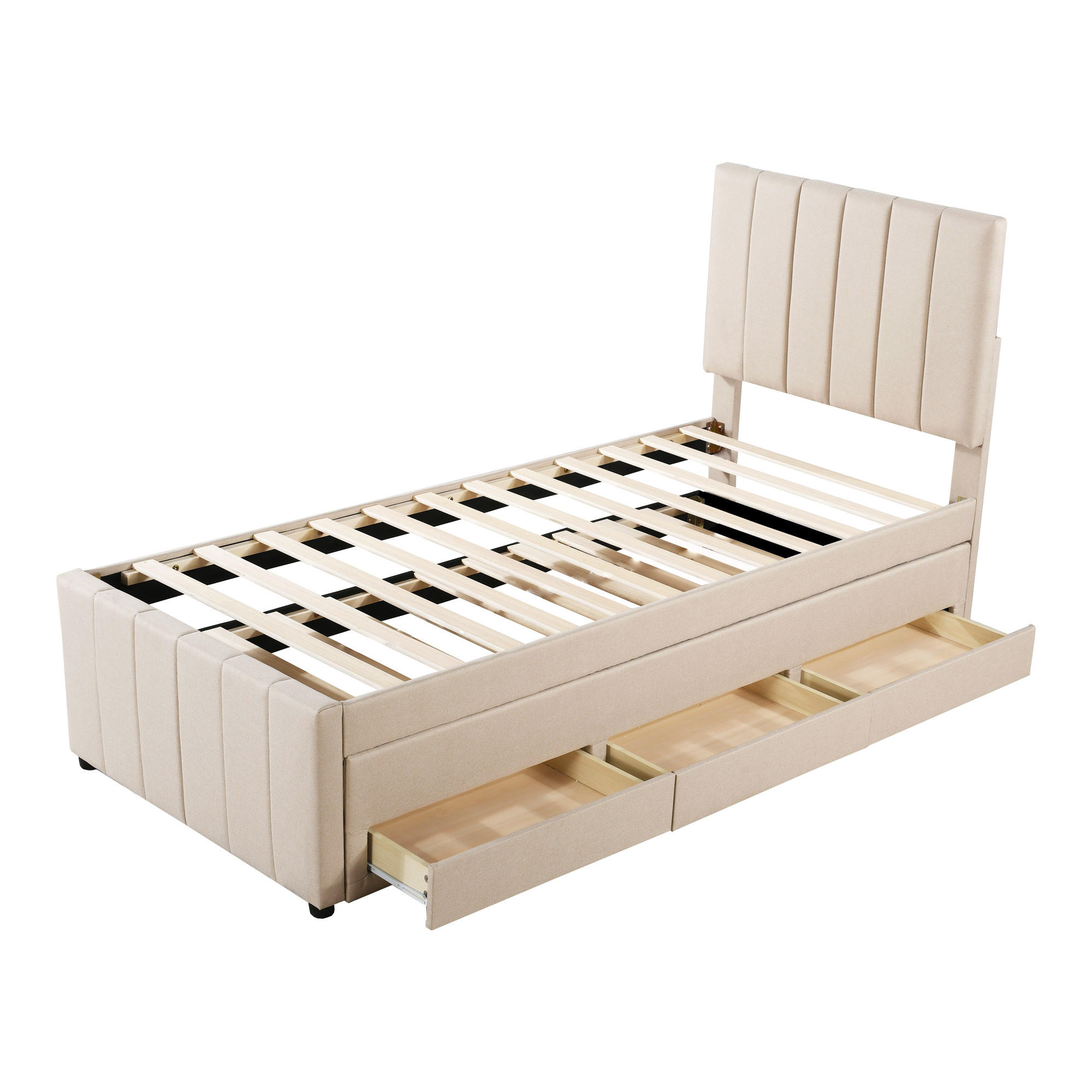 POLSTERBETT aus Leinen 203x90x118 cm in Beige mit Ausziehbett & 3 Schubladen - Beige, Textil (90/200cm) - Modfu