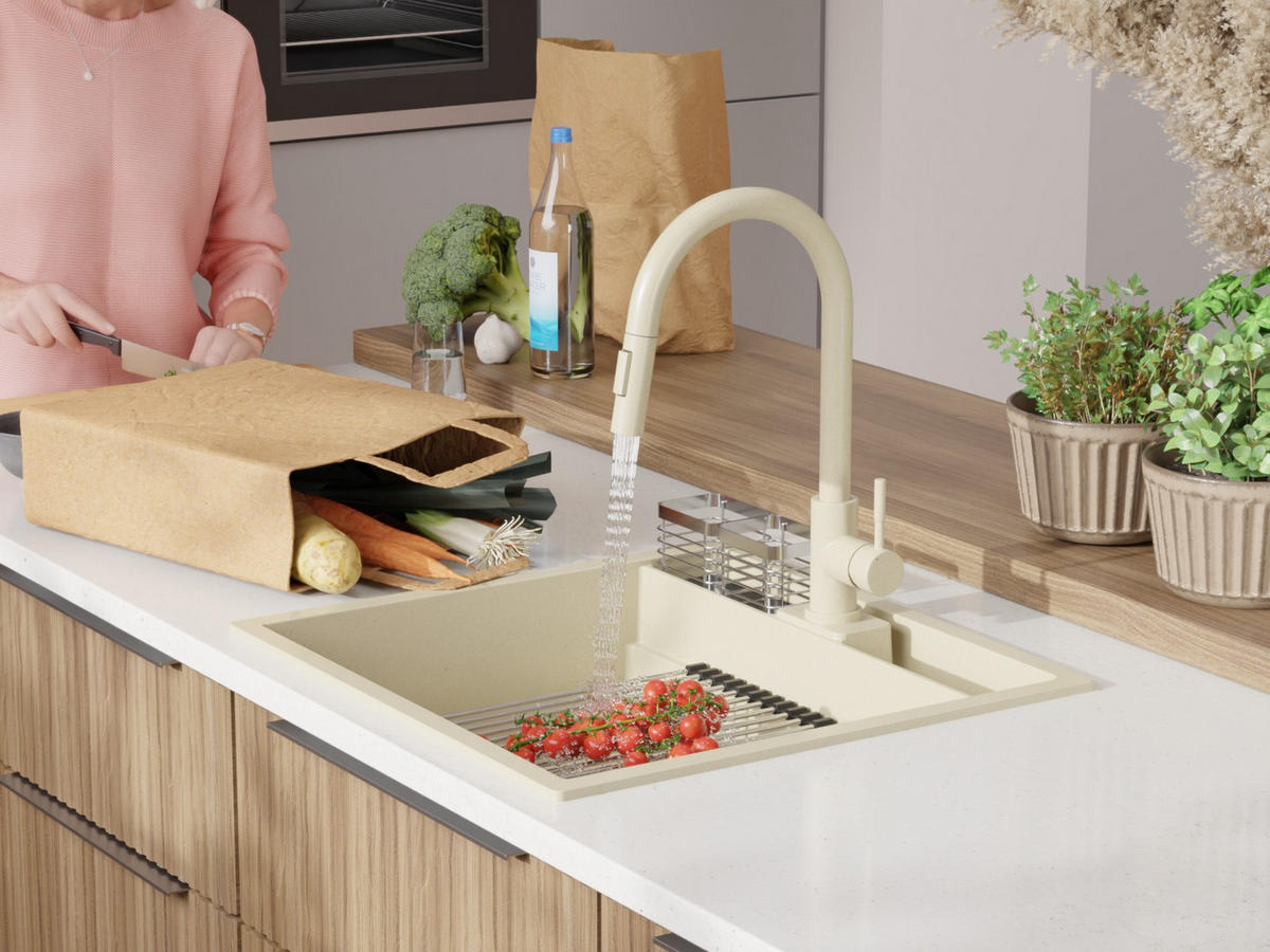 GRANITSPÜLE Bergen Pocket, 2-er set Beige 56/54 cm 1 Becken + Küchenarmatur 38/14 cm + Ablauf-Set + Küchenzubehörset ab 60er Unterschrank - Chromfarben/Beige, Kunststoff (56/20/54cm) - Primagran