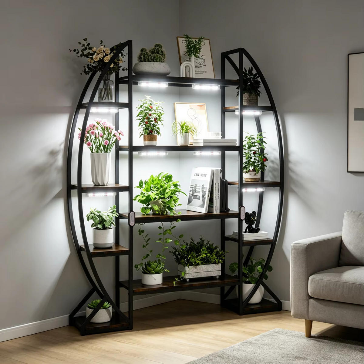 PFLANZENREGAL Halbmond Metall Blumenregal mehrstufig LED - Braun, Metall (115/177/30cm) - Kaket