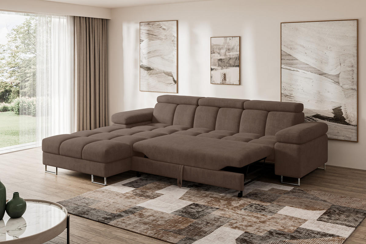 ECKSOFA mit Schlaffunktion Ottomane Links COMA L 271x203x79 Braun Velours - Braun, Holzwerkstoff/Textil (271/203cm) - ALTDECOR