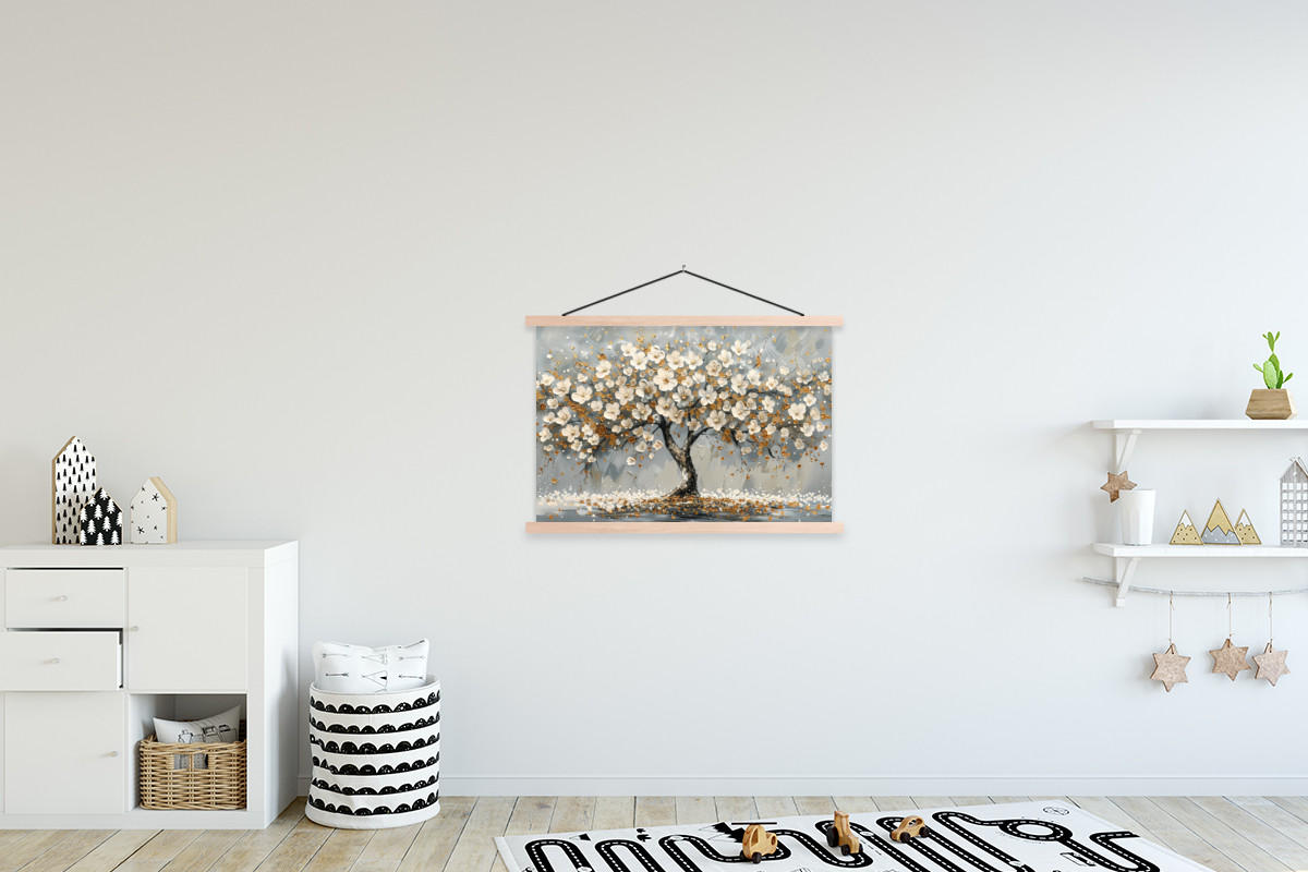 POSTER Baum - Blumen - Weiß - Natur - Kunst 90x60 cm - Weiß, Textil (90/60/0.15cm) - MuchoWow