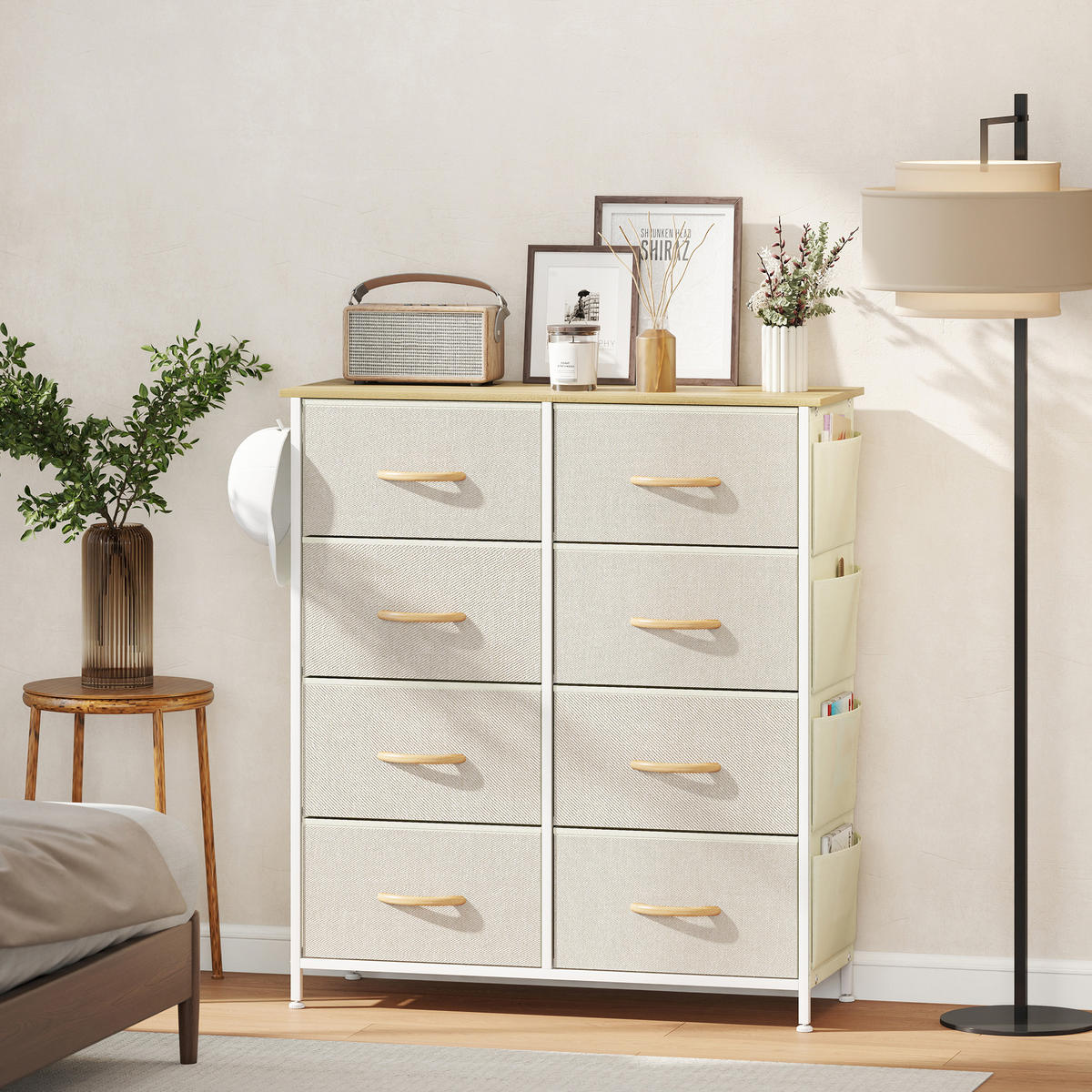 KOMMODE Schrank mit 8 Schubladen aus Stoff, Haken, Seitentasche, Stahlrahmen - Beige/Naturfarben, Holz/Textil (30/94.5/86cm) - HOMCOM