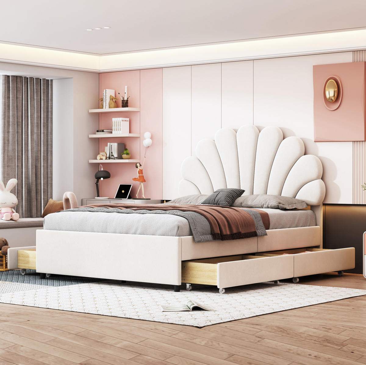 POLSTERBETT 140/200 cm aus Samt mit blütenförmigem Kopfteil und 4 Schubladen Beige - Beige, Textil (140/200cm) - Modenvie