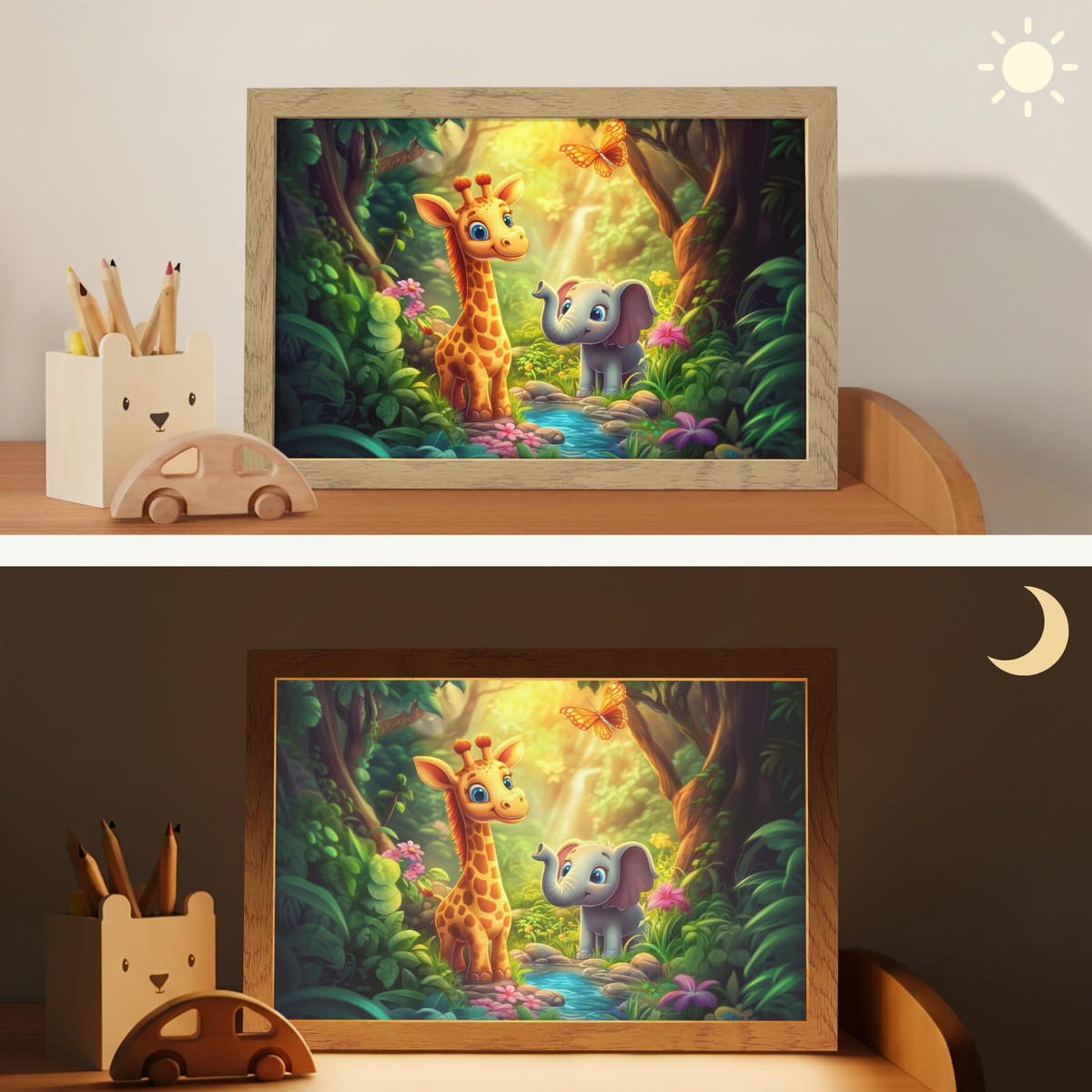 NACHTTISCHLAMPE Giraffe - Elefant - Blumen - Dschungel 30x20 cm - Grün, Holzwerkstoff (8/30/20cm)