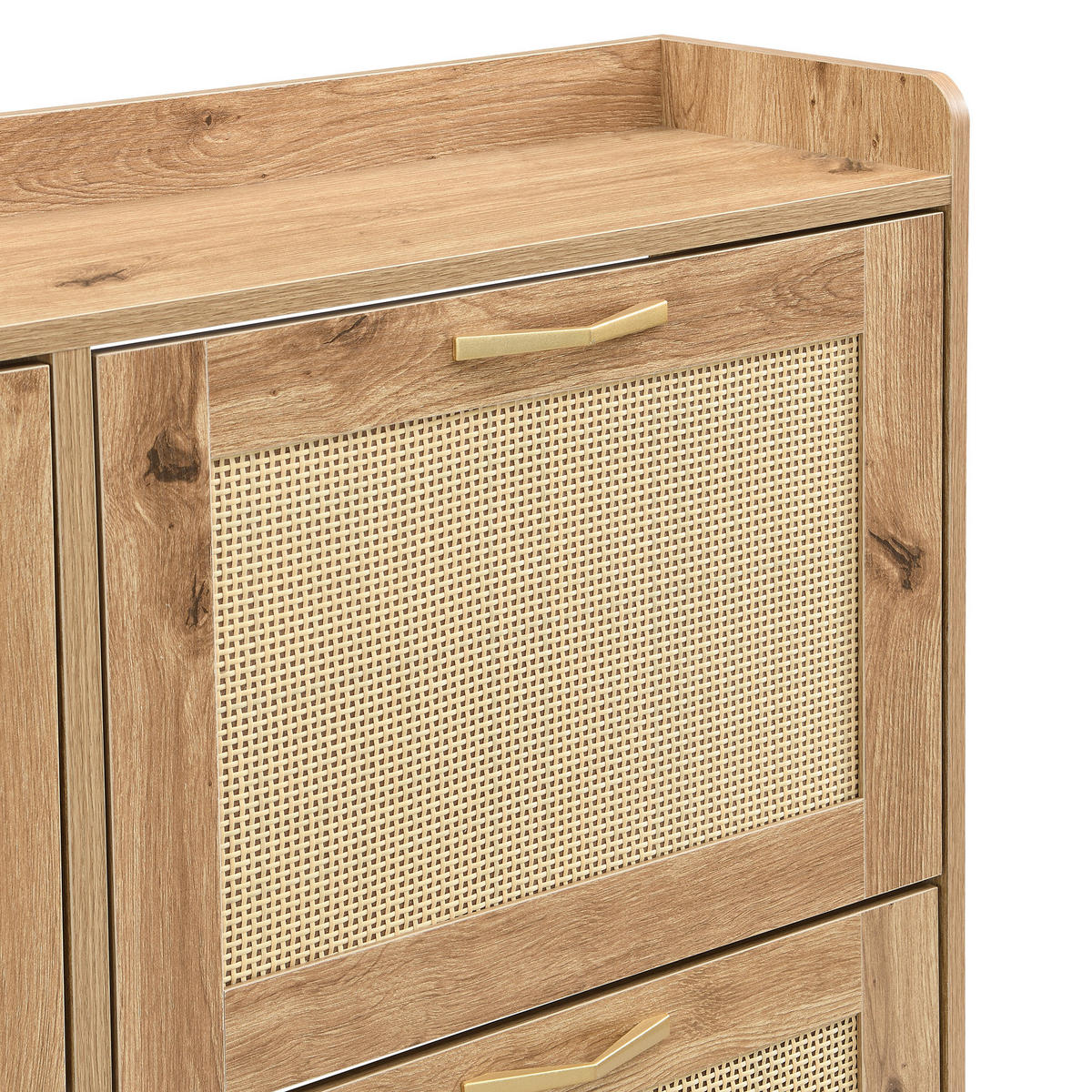 SCHUHSCHRANK in Naturfarben Schuhkommode mit Rattantüren, 4 Türen, Metallrahmen und oberem Regal für Flur , B108.5/T24/H100cm - Goldfarben/Naturfarben, Holzwerkstoff/Metall (105/100/24cm) - STILVORA