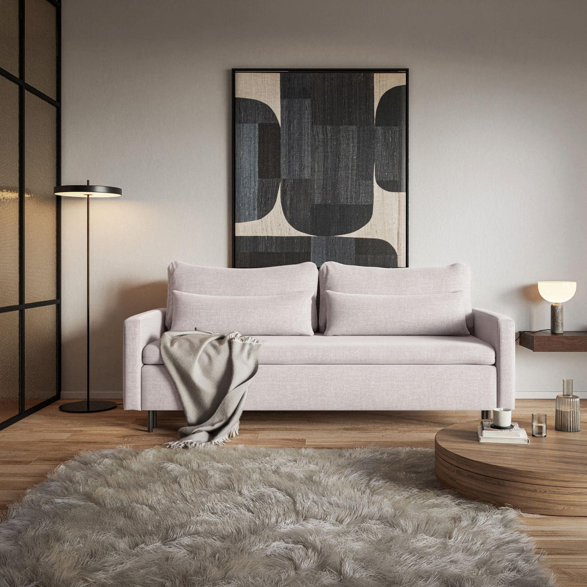 3-SITZER SOFA Umpro Chenille Hellbeige - Ecru/Schwarz, Textil/Metall (220/96/95cm) - Selsey