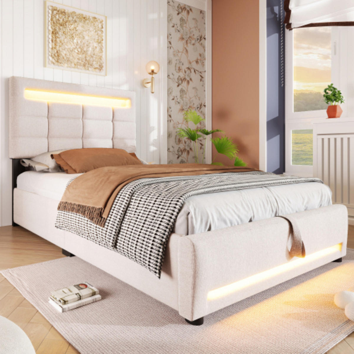 POLSTERBETT 90 × 200 cm mit Leinenbezug, hydraulischem Stauraum, 16-Farben-LED-Leiste und USB-Anschluss, beige - Beige, Textil (90/200cm) - Luhomfu