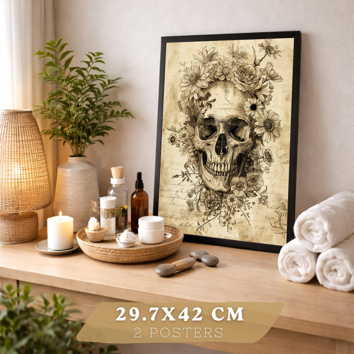 POSTER Set aus 2 Anatomie Mensch Drucke und Wandbilder mit Schädel Wirbelsäule Rippen Becken Klassisches Vintage Design Größe Schwarzer Rahmen A3 - Schwarz, Papier (29.7/42/3cm) - Nacnic