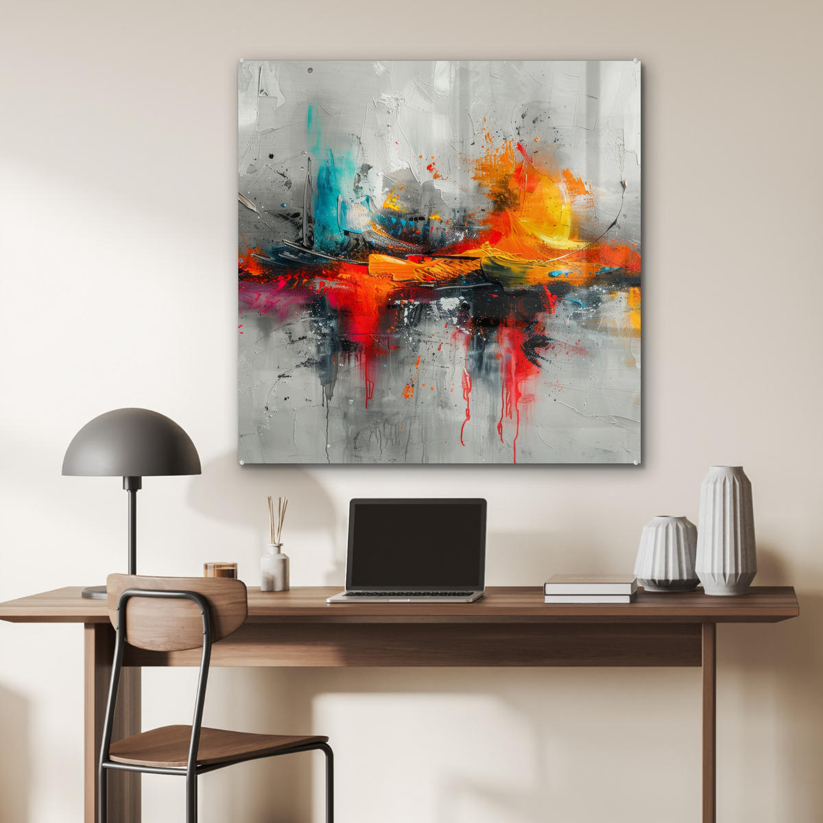 ACRYLGLASBILD Moderne Kunst - Orange - Grau - Abstrakt 90x90 cm - Hellgrau, Glas (90/90cm) - MuchoWow