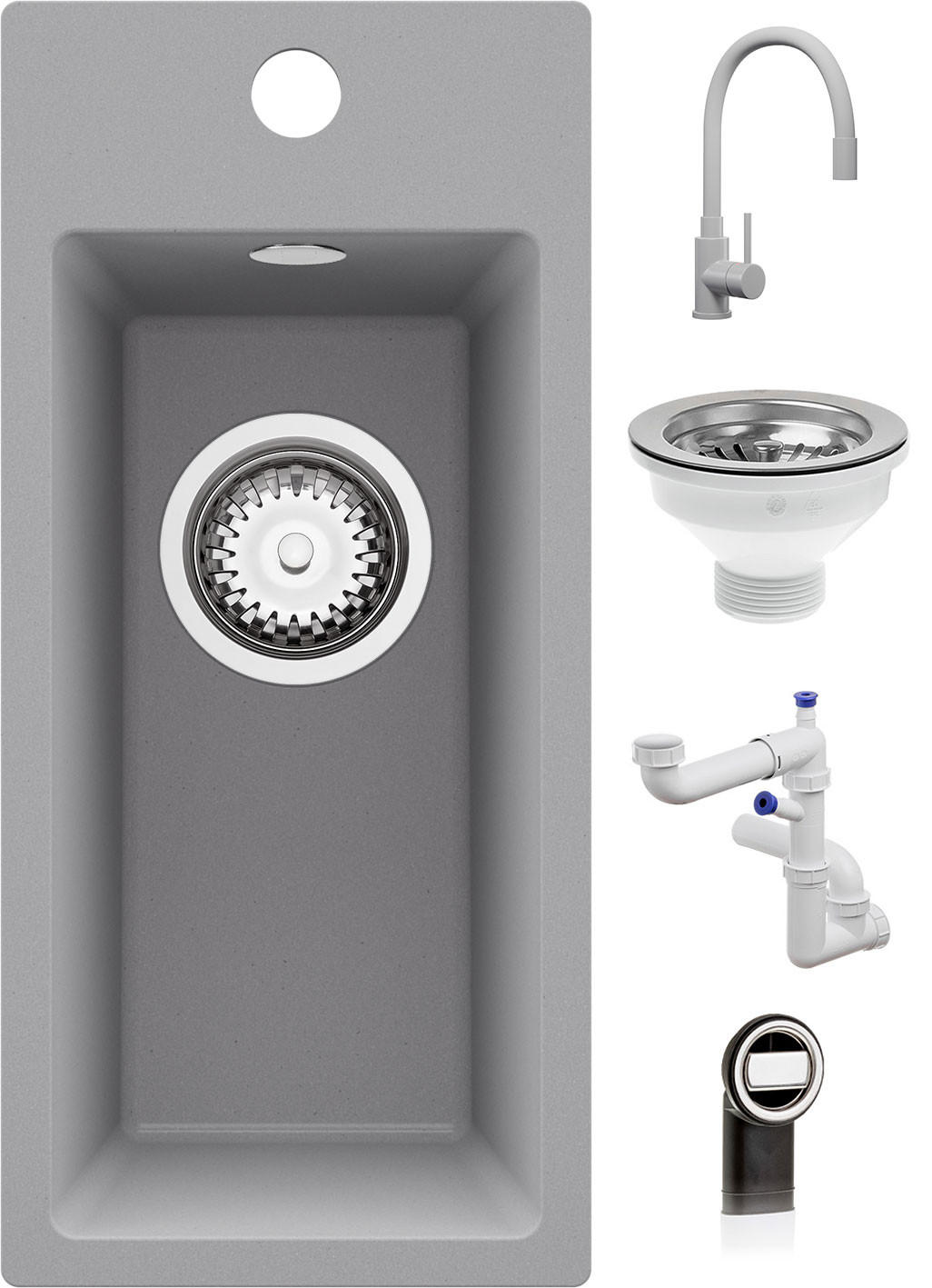 GRANITSPÜLE - Riga, 3-er set Grau 23/50 cm, 1 Becken + Küchenarmatur 38/14 cm + Ablauf-Set ab 25er Unterschrank - Grau, Kunststoff (23/200/500cm) - Primagran