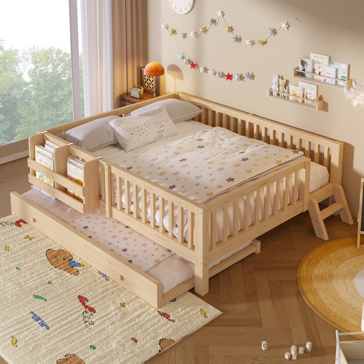 KINDERBETT 140/200 cm in Holzfarben mit Ausziehbett, Regal und Rausfallschutz Massivholz skandinavisches Design - Naturfarben, Holzwerkstoff (140/200cm) - STILVORA