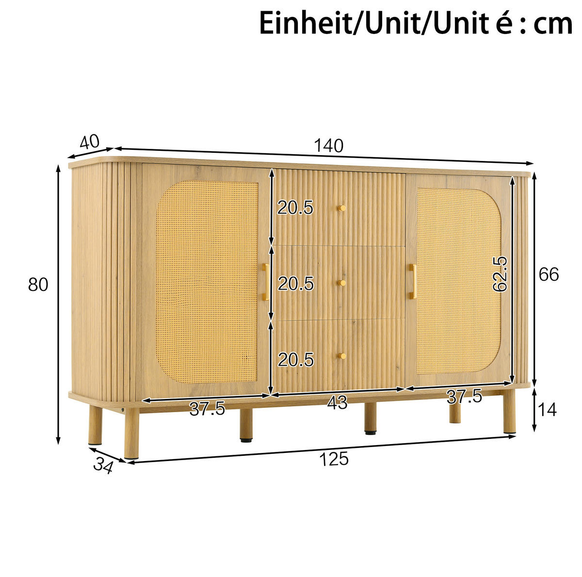 SIDEBOARD in Natur mit Rattan-Türen und gewellten Schubladen, MDF, Metallbeine mit Holzmaserung, 140/40/80 cm,Naturfarben - Naturfarben, Holzwerkstoff (140/80/40cm) - Redom