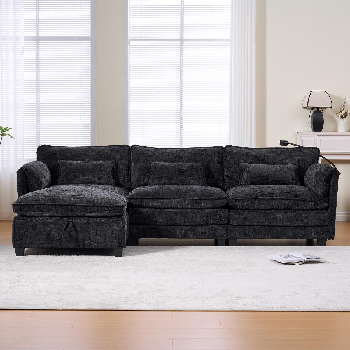 ECKSOFA mit USB-Anschluss und Hocker aus Chenille Schwarz 279/83/85 cm - Schwarz, Textil (279/83cm) - OKWISH
