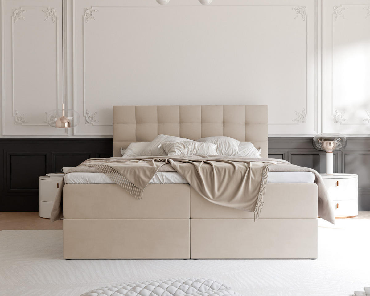 BOXBETT GRAND 180/200 cm, in Hellbeige, mit Matratze und Topper - Sandfarben, Holzwerkstoff/Textil (180/200cm) - Idohome