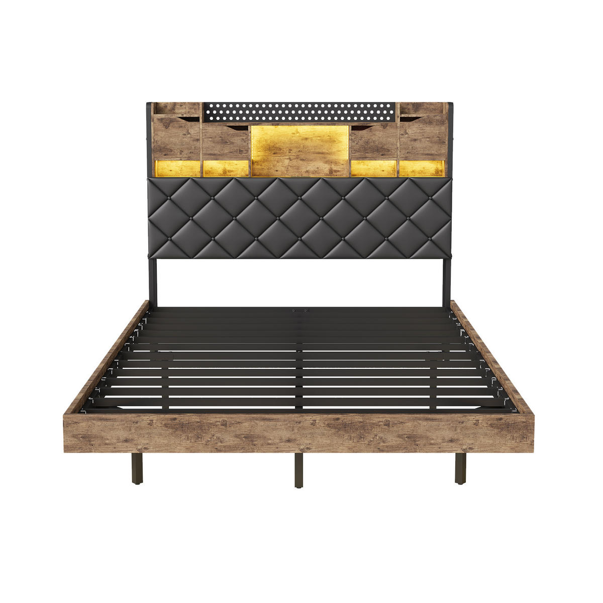 POLSTERBETT 140x200 cm mit LED & USB, Doppelbett mit Kopfteil Stauraum, Schwebebett Holzoptik Metall - Schwarz, Metall (140/200cm) - EuroLiving