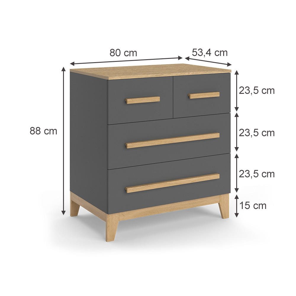 KOMMODE Malia Grau/Eiche 80 x 88 cm mit 4 Schubladen - Eichefarben/Grau, Holzwerkstoff (80/88/53.4cm) - VitaliSpa