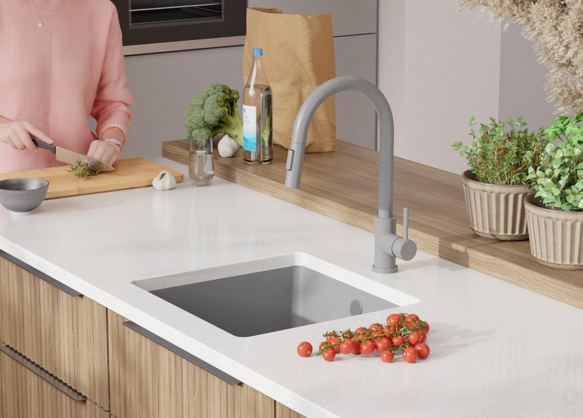 UNTERBAUSPÜLE GRANIT Venedig Easy, 2-er set Grau 46/44 cm 1 Becken + Ablauf-Set ab 50er Unterschrank - Chromfarben/Grau, Kunststoff (46/20/44cm) - Primagran