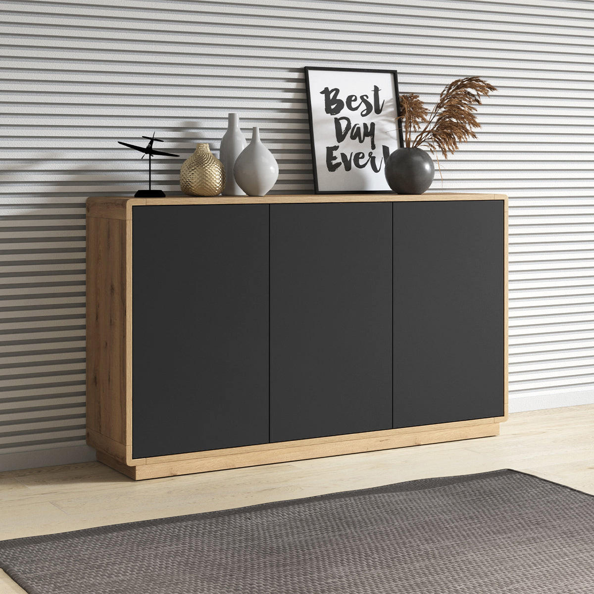 SIDEBOARD Raven Mattschwarz und Holz - Schwarz, Holzwerkstoff (160/75/40cm) - Petits-meubles