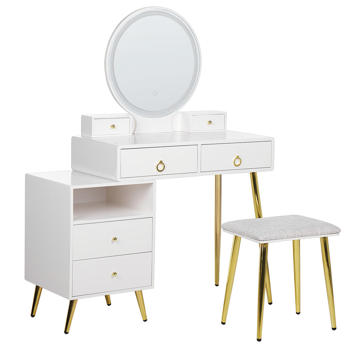 SCHMINKTISCH mit rundem LED-Spiegel Hocker 6 Schubladen weiß/gold Yves - Goldfarben/Weiß, Holzwerkstoff (98/133/38cm) - Beliani